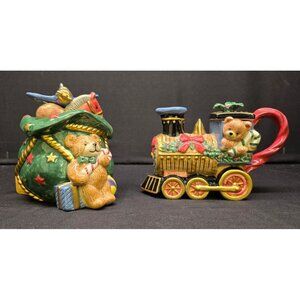 Vintage Fitz & Floyd Christmas Train Creamer & Toy Bag Lidded Sugar Bowl w/Spoon